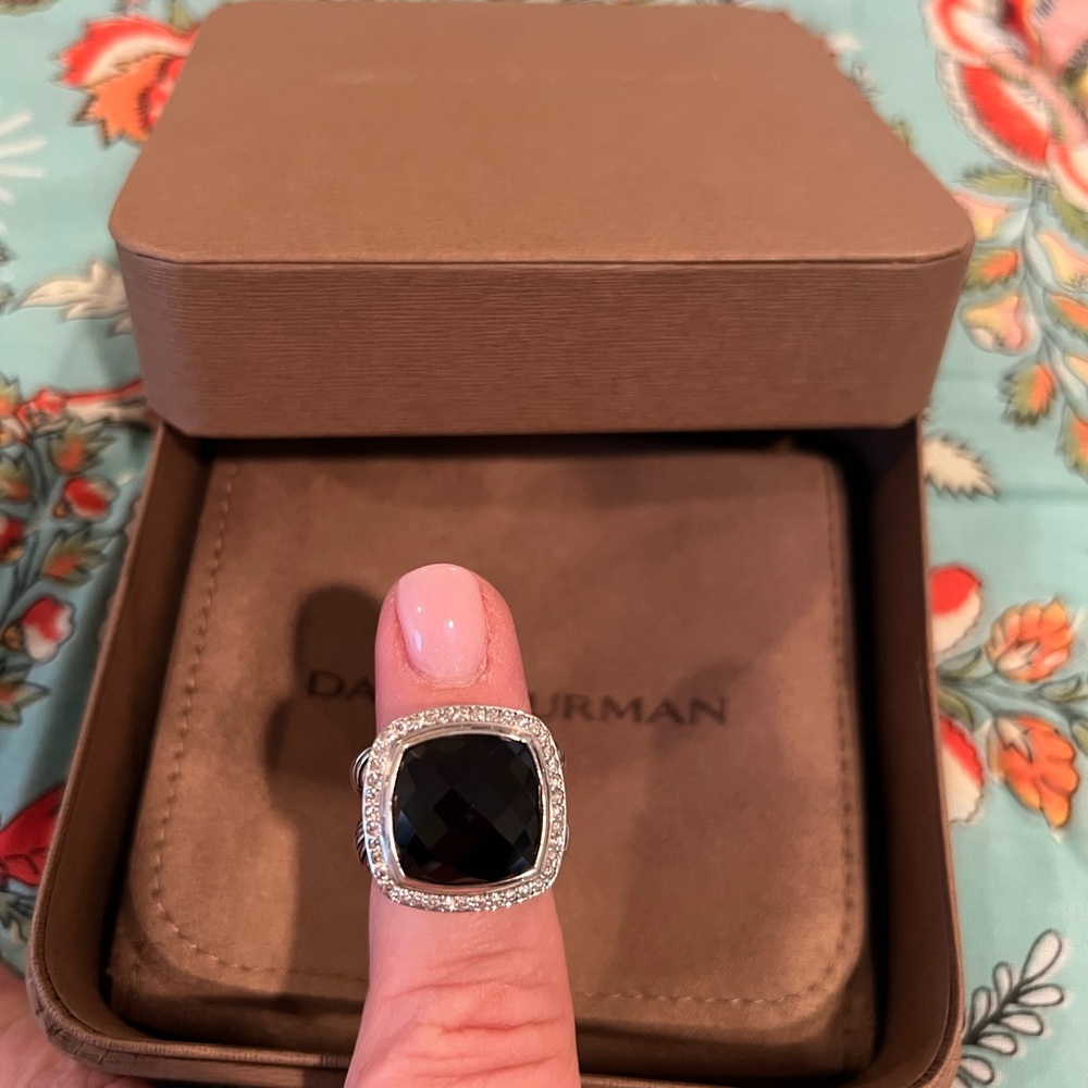 David Yurman Sterling Silver Black Onyx Diamonds Albion 14 mm ring size 6